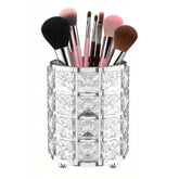 LUGUNU makeup brush holder with silver crystal bling keeps vanity organized.