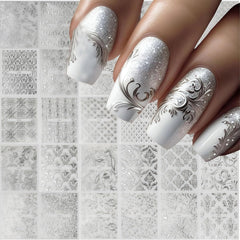 Pegatinas Lukmexor de encaje floral plateado para uñas, acabado elegante y rápido.