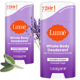 Lume deodorant cream stick front view with lavender sage packaging and scent
