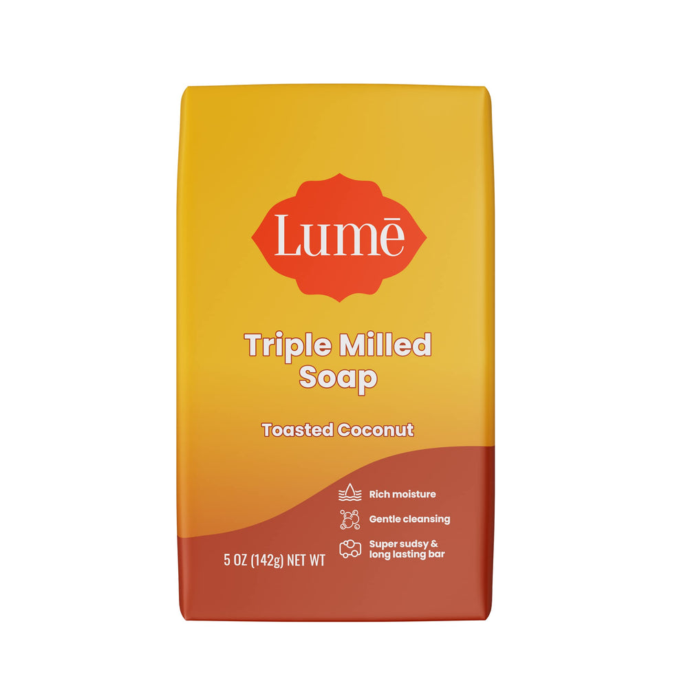 Jabón Lume en barra con coco tostado; limpieza suave para la piel.