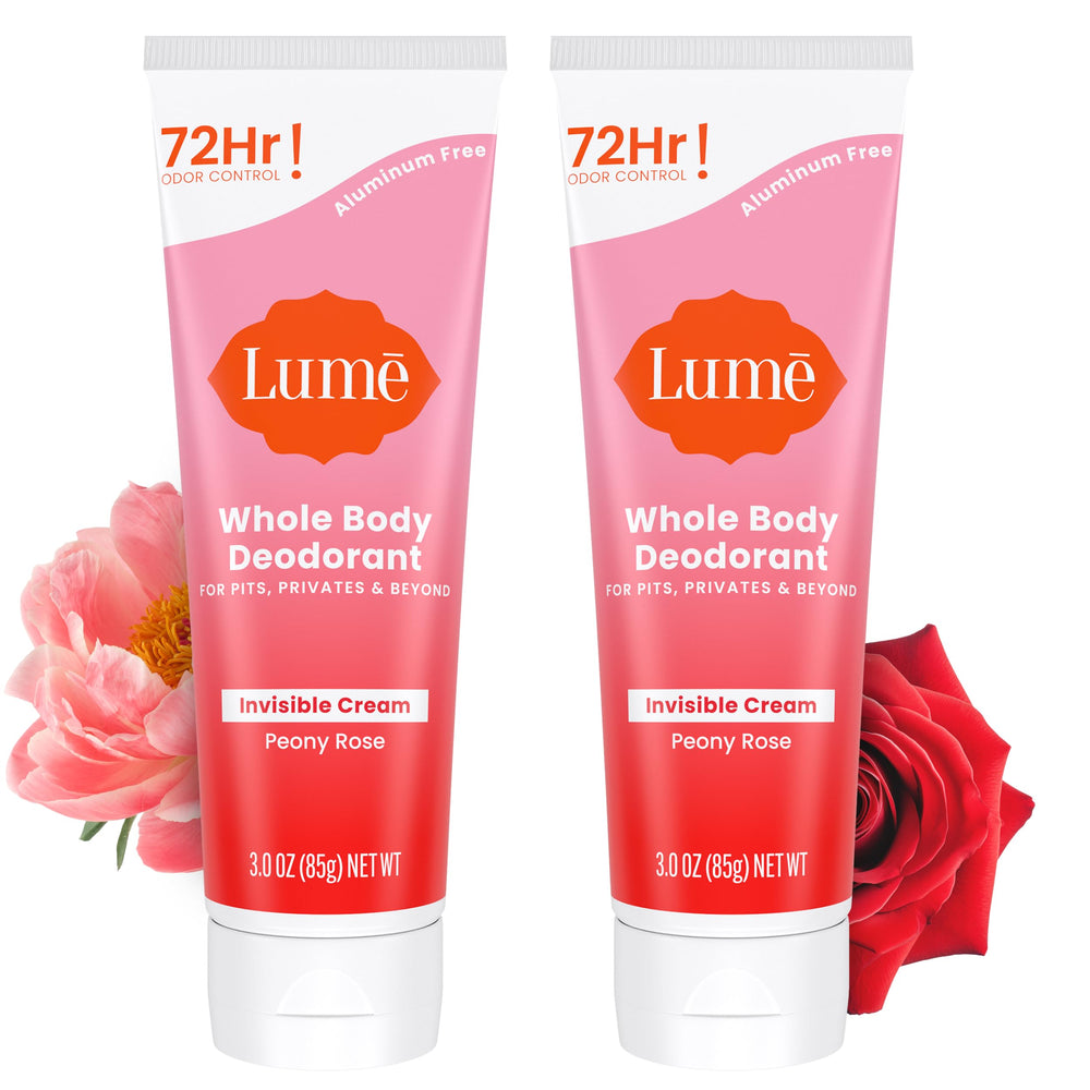 Lume Peony Rose invisible cream tube on bathroom shelf for all-day odor control