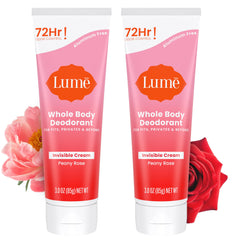 Lume Peony Rose invisible cream tube on bathroom shelf for all-day odor control