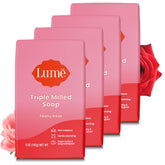 Lume triple milled bar soap peony rose pack shot highlighting rich moisture