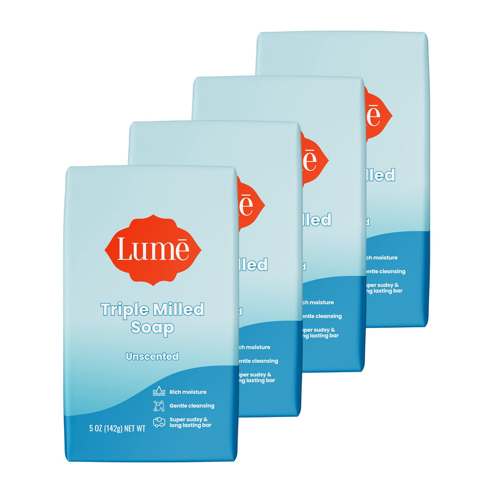 Lume triple milled bar soap with rich moisture for daily cleansing.