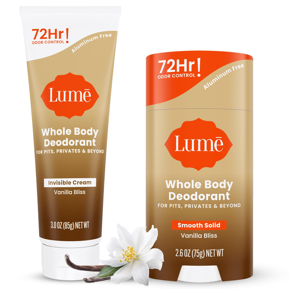 Lume Vanilla Bliss invisible cream tube applied for long-lasting odor control