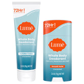 Lume whole-body deodorant cream tube for long-lasting freshness.