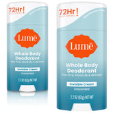 Lume Invisible Cream Stick packaging shows aluminum-free, unscented odor control across the body.