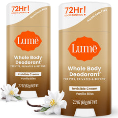 Lume Whole Body Deodorant Vanilla Bliss invisible cream stick pack for all-day odor control.