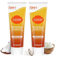 Lume whole body deodorant invisible cream tube featuring toasted coconut for long-lasting odor control.