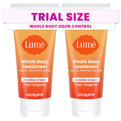 Lume whole body deodorant mini tube in Clean Tangerine scent for on-the-go odor control.