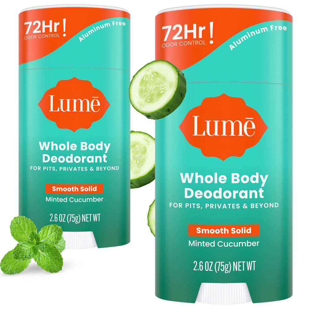 Lume whole body deodorant pack in minted cucumber scent, two sticks for all-day odor control.