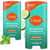 Lume whole body deodorant pack in minted cucumber scent, two sticks for all-day odor control.