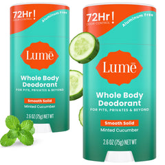 Lume whole body deodorant pack in minted cucumber scent, two sticks for all-day odor control.