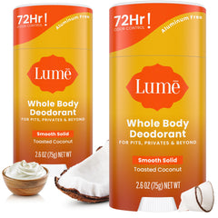Lume Whole Body Deodorant smooth solid stick close-up highlights toasted coconut scent and all-day odor control.