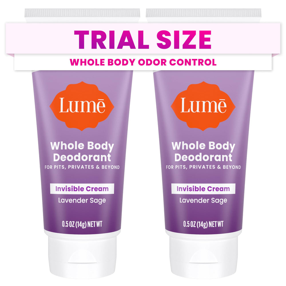 Lume whole-body deodorant trial-tube for travel and odor control.