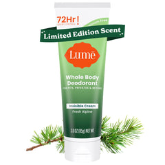 Lume Whole Body Deodorant tube front view showing compact packaging for on-the-go freshness.