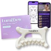 LumiDew ceramic gua sha gliding on the face for smoother contours and refreshed skin.