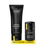Lumin Charcoal Wash bottle demonstrates daily detox for clearer pores.