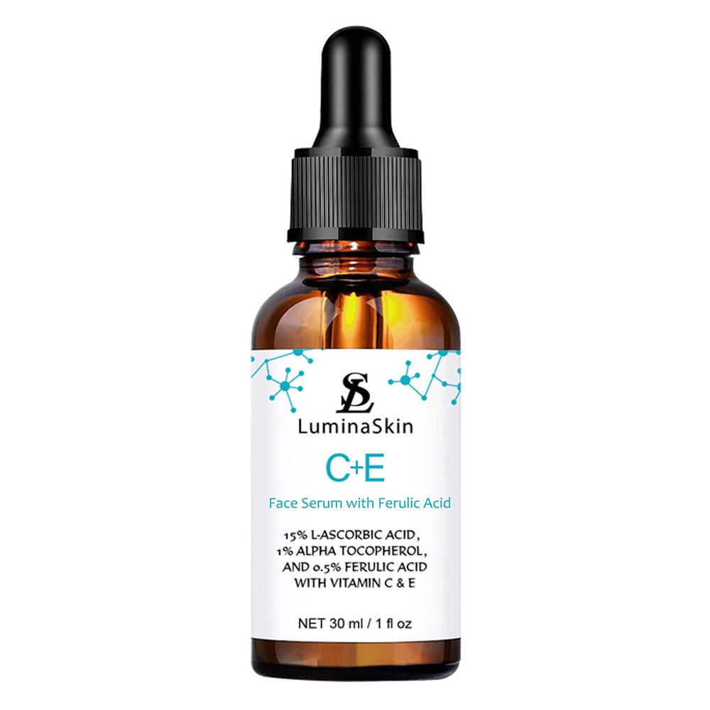 LuminaSkin Vitamin C serum bottle for daily brightening and antioxidant protection.