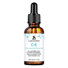 LuminaSkin Vitamin C serum bottle for daily brightening and antioxidant protection.