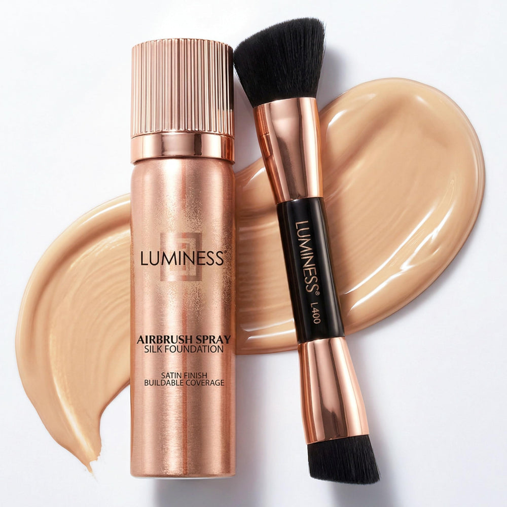 LUMINESS Silk Foundation bottle demonstrates hydrating coverage for a smooth complexion.