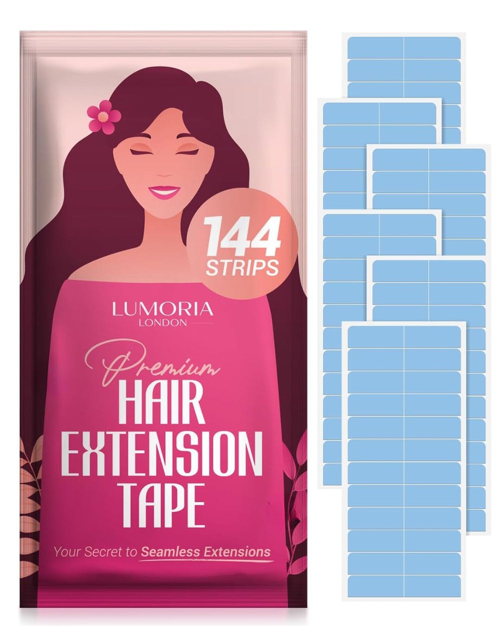 Lumoria hair extension tape 144 tabs pack showing pre-cut tabs for secure wear
