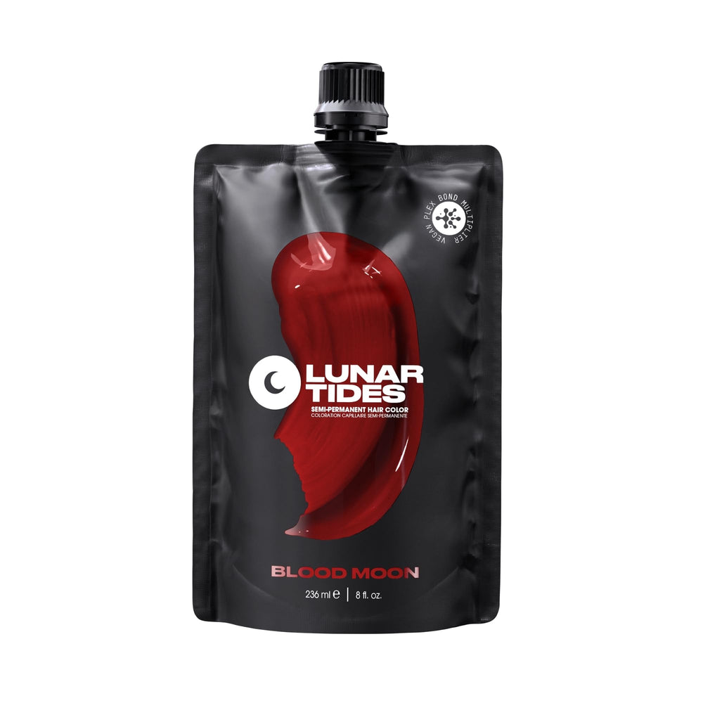 Lunar Tides Blood Moon 4oz bottle shows bold semi-permanent color for vibrant hair.