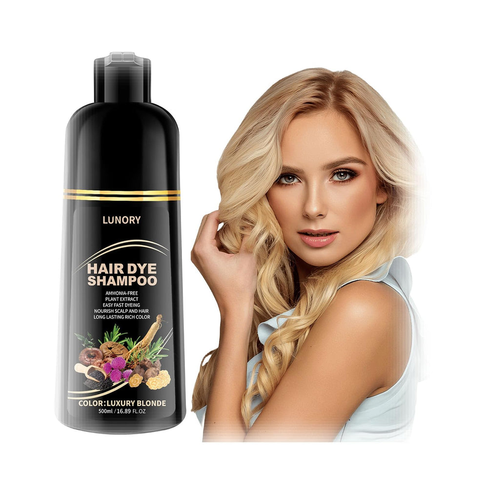 Lunory Light Blonde Hair Dye Shampoo bottle shows gray-coverage for quick, even color at home