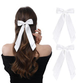 LuSeren double-layer white satin bow with ponytail clip for secure daily wear.