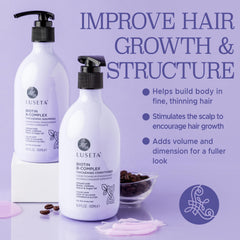Luseta B-Complex Shampoo close-up of ingredients featuring biotin and caffeine.