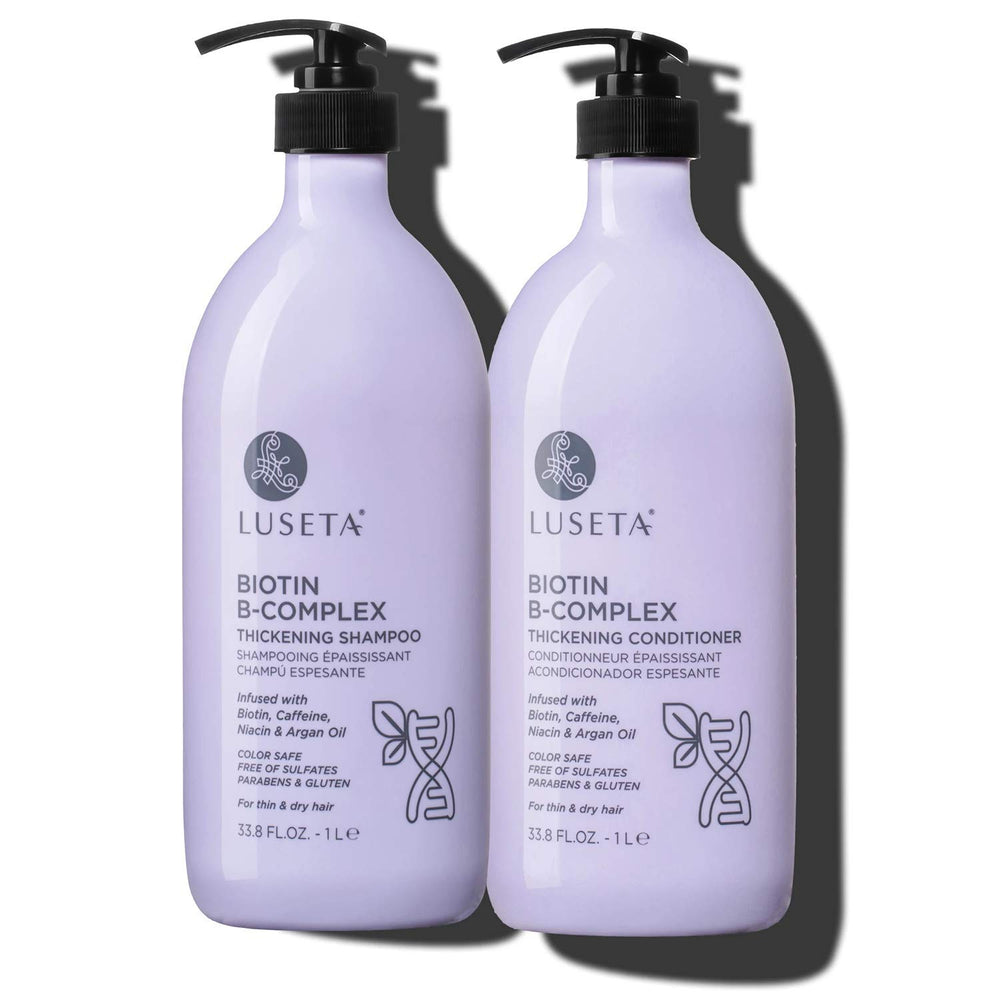 Luseta Biotin B-Complex Shampoo bottle pour showing rich, nourishing wash
