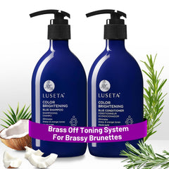 Luseta Blue Shampoo bottle pouring to counter orange tones on color-treated hair.