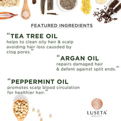 Luseta Champú clarificante de árbol de té con textura rica para cabello limpio.