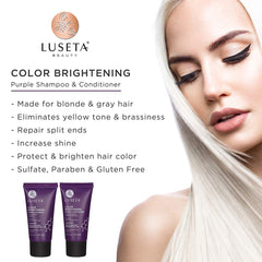 Luseta purple shampoo label close-up highlighting color-safe toning concept.