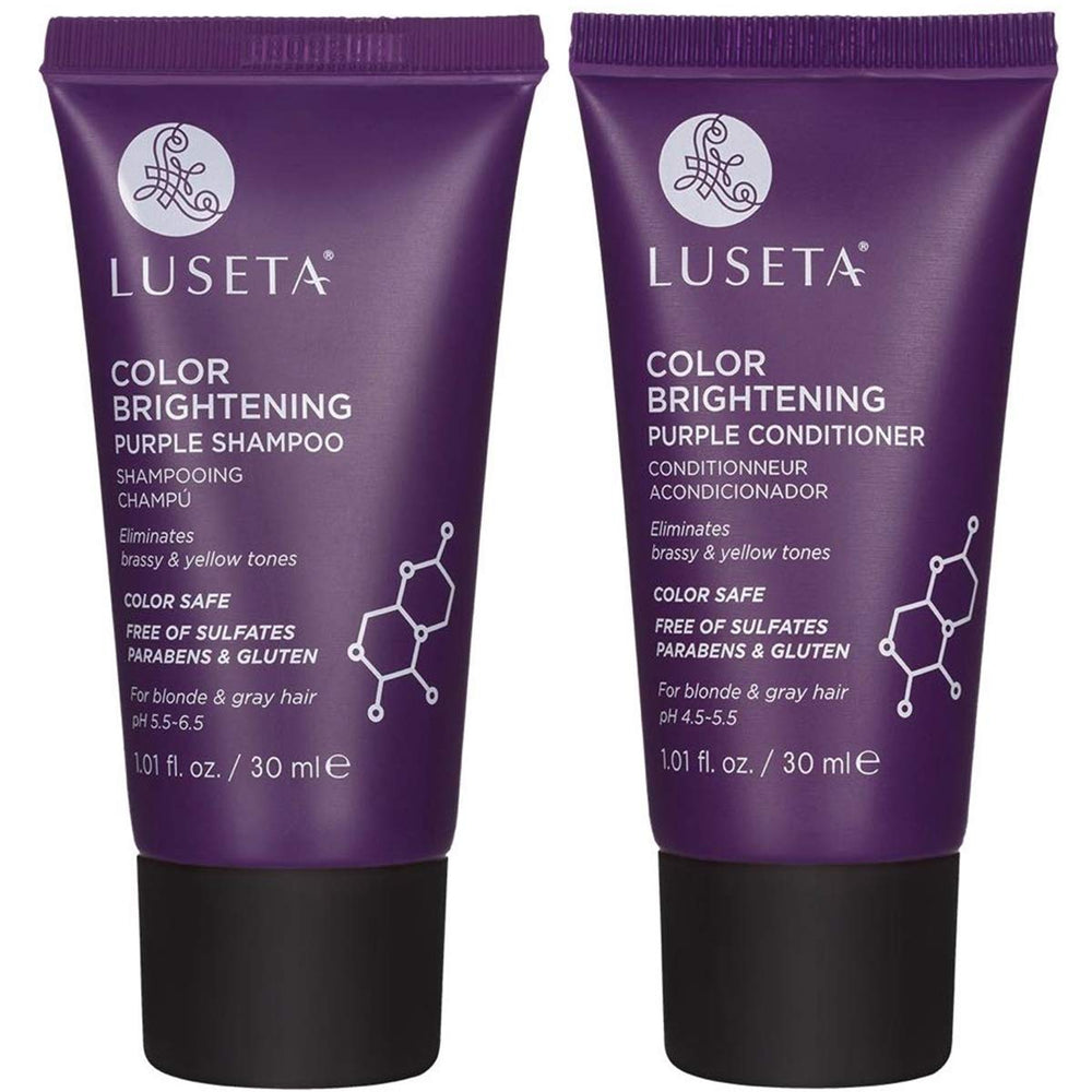 Luseta Color Brightening Purple Shampoo Travel Kit bottles in white, for blondes and grays.