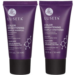 Luseta Color Brightening Purple Shampoo Travel Kit bottles in white, for blondes and grays.