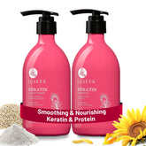 Luseta keratin shampoo bottle highlighting color-safe, damage-repairing formula.