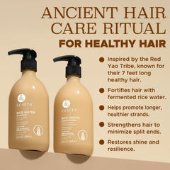 Luseta Rice Water Shampoo label closeup with key ingredients listed.