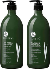 Luseta Tea Tree Argan Detangling Shampoo bottle promoting smoother hair.