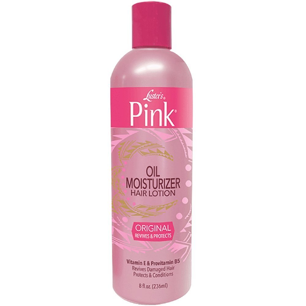 Luster's Hidratante en Aceite Rosa, botella y aplicación para hidratar y definir el cabello.