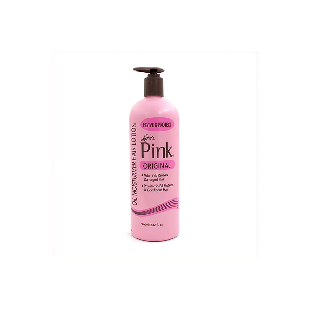 Luster's Pink Oil Moisturizer bottle provides lightweight hydration for dry hair.