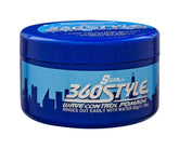 Luster's S-Curl 360 Wave Control Pomade jar front demonstrates smooth waves and lasting hold.