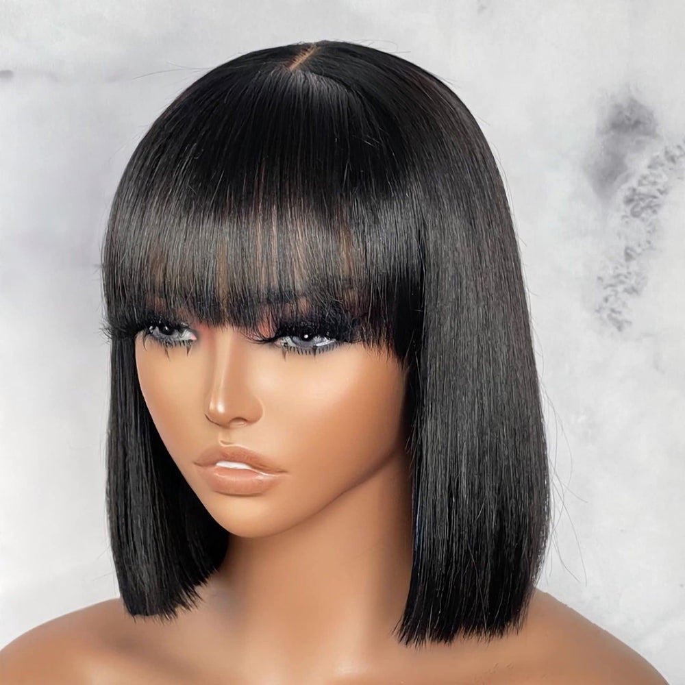 LUVME HAIR 10-inch short black straight bang wig with minimalist lace for daily wear.