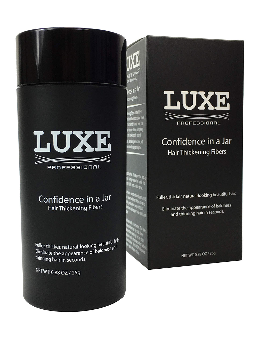 LUXE Hair Building Fibers jar cap shows secure lid for travel-friendly use.