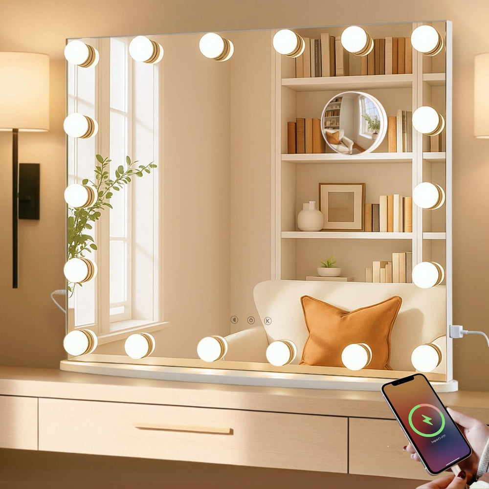 LUXFURNI vanity mirror with 18 LED bulbs for shadow-free makeup visibility