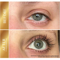 Close-up of LUXROS eyelash growth serum tube showing clear formula.