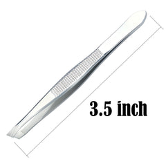 LUXXII stainless steel slant tweezers handle detail emphasizing durability for daily grooming.