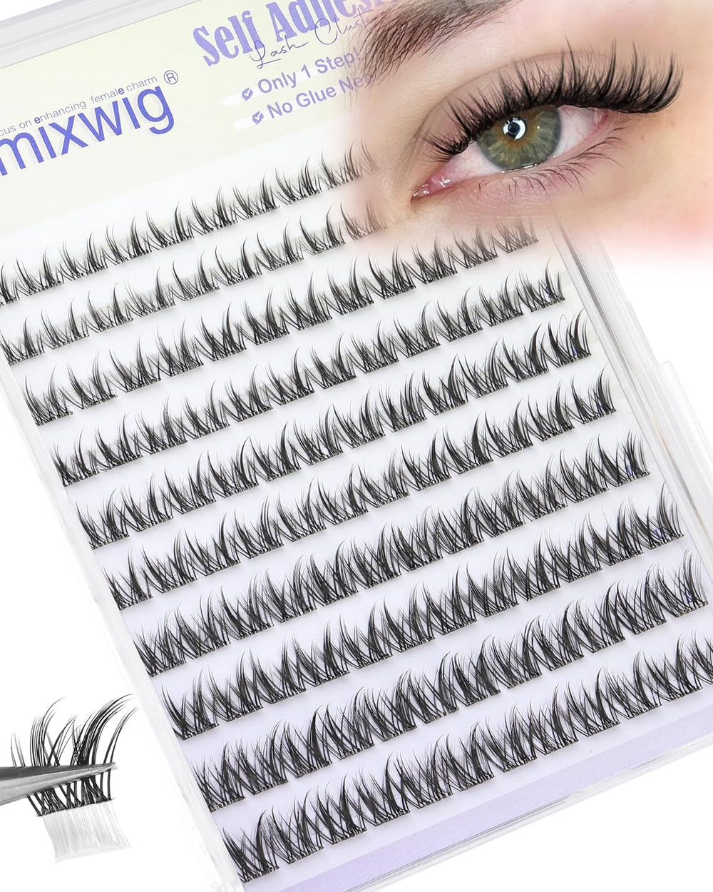 Lvmixwig short self-adhesive lash clusters with built-in strip for quick, glue-free application.