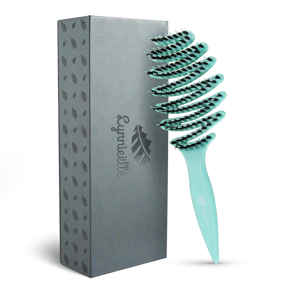 Lynnieëlle brush front view with aqua finish and boar-nylon bristles for detangling.