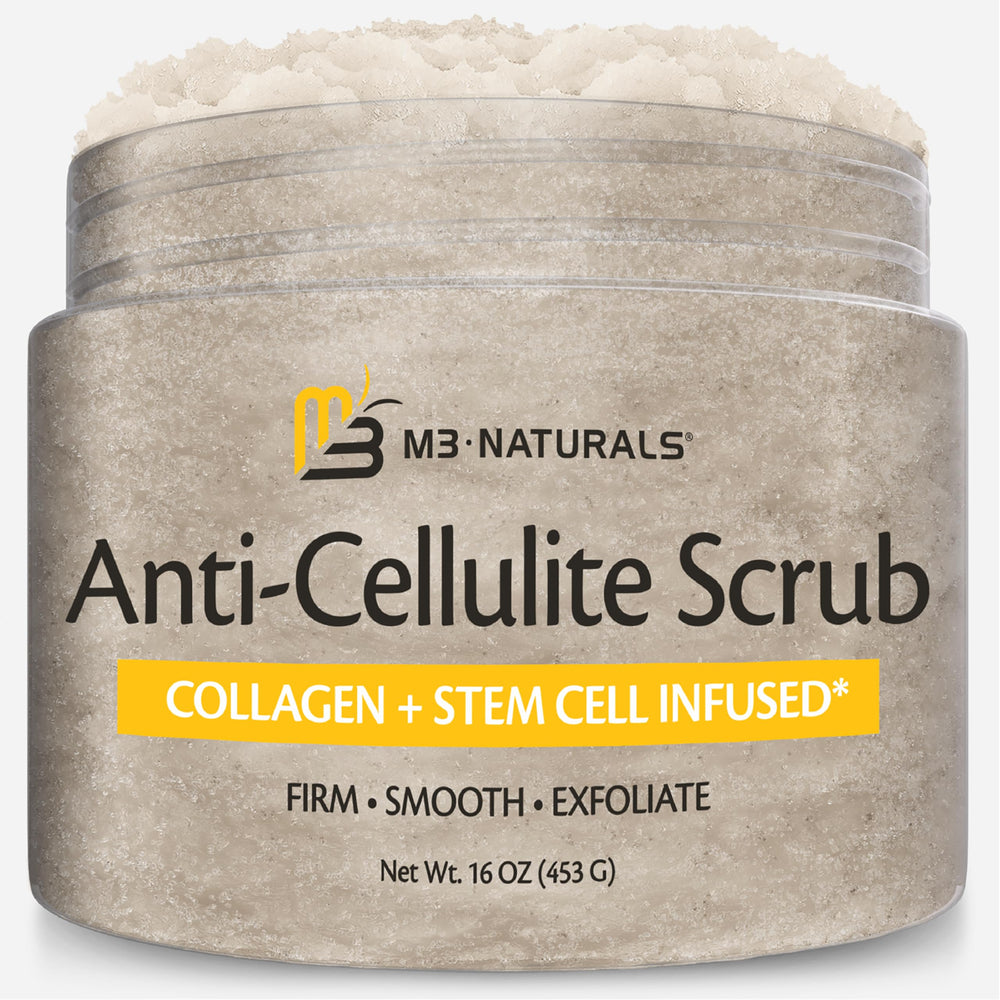 M3 Naturals Anti-Cellulite Scrub jar ready for exfoliation and smoother skin.